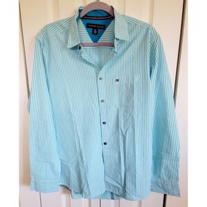 Tommy Hilfiger XLMen's Aqua/White Striped Cotton Long Sleeve Shirt Striped‎ NEW